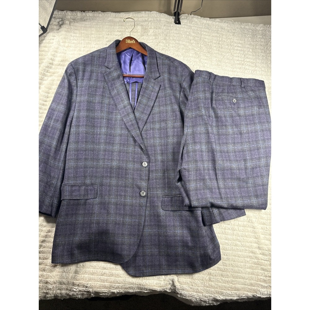 J Hilburn Custom Wool Suit 52R Coat 46x28 Pants Navy Purple Plaid Reda 1865